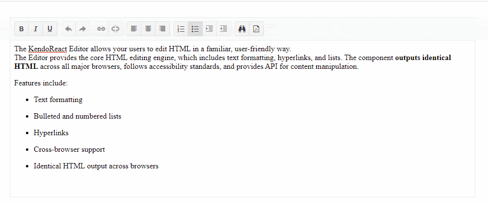 KendoReact Internationalization Hovering over the bold, italic and underline buttons, the tooltips show: Fett, Kursiv and Unterstrichen