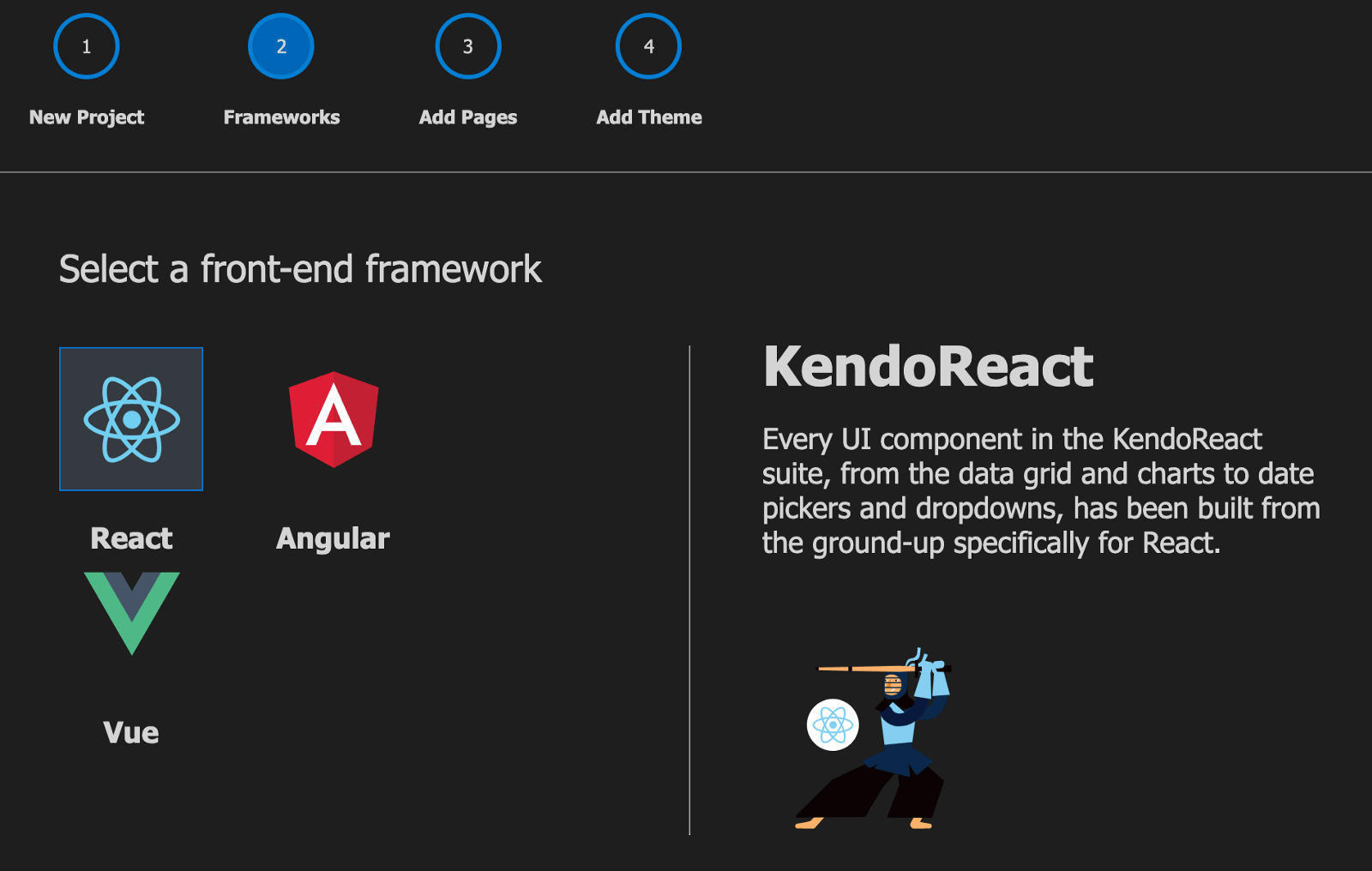 kendo-ui-template-wizard-framework Step 2: Frameworks. Select a front-end framework, with options for React, Angular and Vue. React is highlighted.