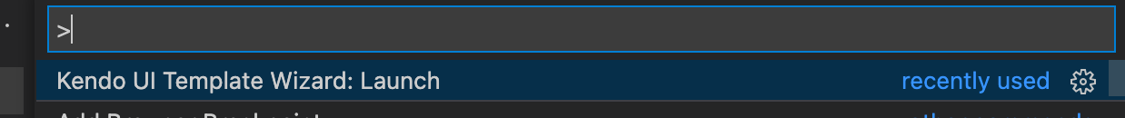 kendo-ui-template-wizard-launch In an input box, ‘Kendo UI Template Wizard: Launch’ is shown as a recently used selection.