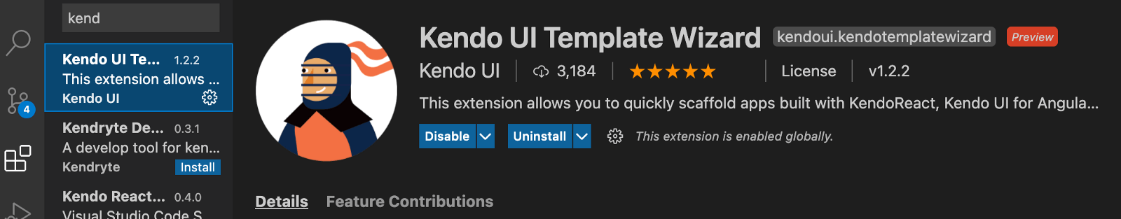kendo-ui-template-wizard Screencap of Kendo UI Template Wizard on the extensions tab. It has 3,184 downloads and 5 stars.