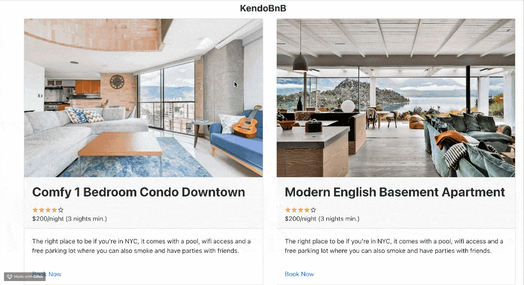 kendobnb KendoBnB screen shows two side-by-side listings: Comfy 1 Bedroom Condo Downtown, and Modern English Basement Apartment. Each has a large photo, star ranking, price and minimum night stay, then a short description and a ‘Book Now’ link. The user clicks the ‘Book Now’ on the left listing first. It opens a pop-up asking, ‘Please confirm: Do you want to continue with Paypal? No / Yes’, and the user closes with the X. Then the user clicks the ‘Book Now’ on the right listing and the same pop-up opens.