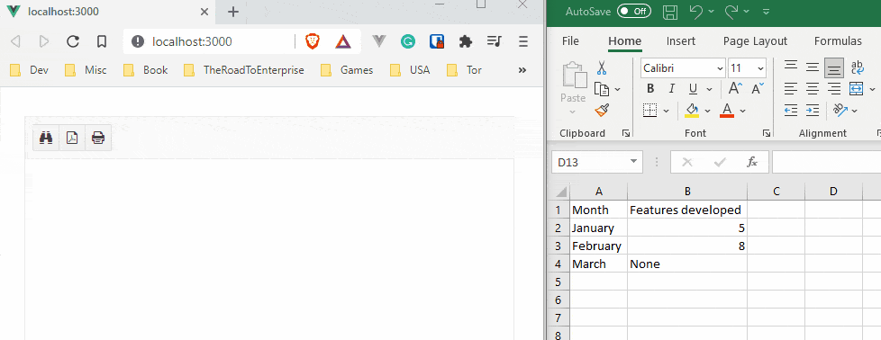 Paste from Excel Copy and paste from Microsoft Excel examples shows a table of features developed by month. This table format is correctly inserted into the KendoReact Editor.
