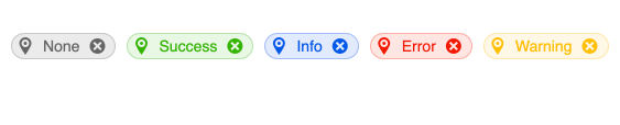 Kendo UI for Vue Chip Component - Overview Kendo UI for Vue Chip Component shows five chips, similar to buttons, that are rounded rectangles. Each has a map pin icon on the left and an X button on the right. They are None in gray, Success in green, Info in blue, Error in red, and Warning in yellow.