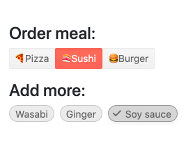 Kendo UI for Vue ChipList Component - Overview Text 'Order meal' has options below it for pizza, sushi, burger. These are buttons/chips, each with an emoji for the food. Sushi has been selected and is pink with white text, whereas the other two are gray boxes with dark text. 'Add more' has options for wasabi, ginger, and soy sauce. These are rounded light gray rectangles with dark text. Soy sauce has been selected, shown with a check mark icon and the box is darker gray.