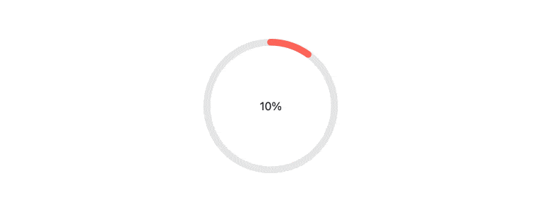KendoReact CircularGauge Component - Overview A Circular Gauge Component has a light gray circle, and the gray is being replaced by pink in a clockwise animation. Inside the circle, a corresponding percentage is shown, starting at 10% and growing to 90% as the circle border becomes more and more pink.