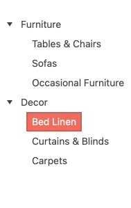 Kendo UI for Angular TreeView Component - Improvements Parent items Furniture and Decor have both been expanded—they each have a small down arrowhead to the left. Under Furniture are indented child elements Tables & Chairs, Sofas, Occasional Furniture. Under Decor, the child elements are Bed linen (which is highlighted with a pink square), Curtains & Blinds, and Carpets.