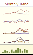 Monthly trend shows five simple charts, four line charts and a bar graph, all without labels but giving a general sense of performance.