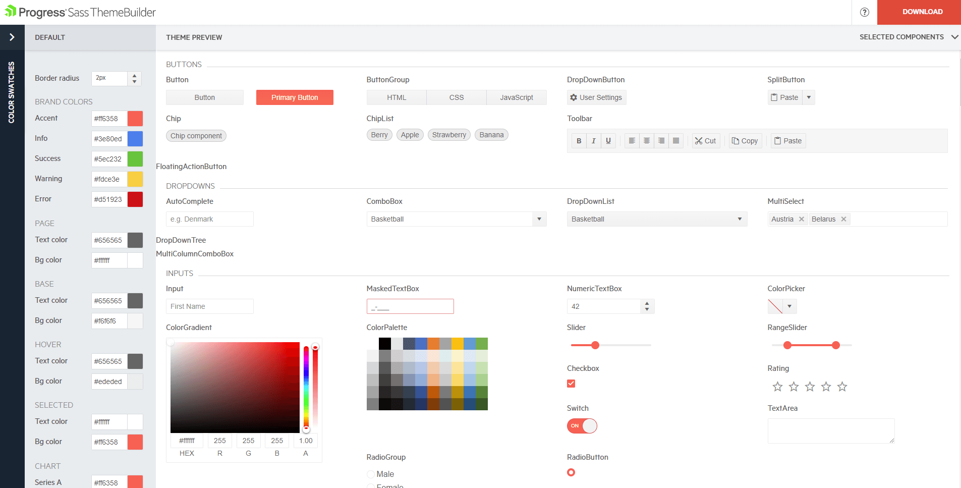 ThemeBuilder ThemeBuilder UI has a side bar with a list of default brand colors, page colors, base, hover, selected, chart. The theme preview lists various components and shows a preview of them, including buttons, dropdowns, inputs.