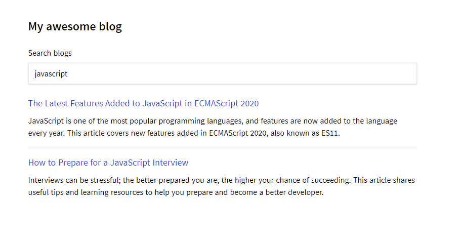Search blog posts Typing in the Search blogs field brings up blog post results, which can be clicked to open the post page.