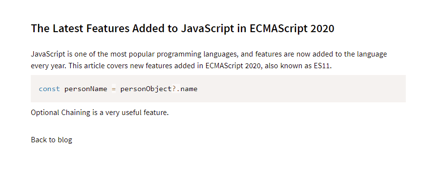 View blog post The full blog post 'The latest features added to JavaScript...', and a 'Back to blog' link at the bottom