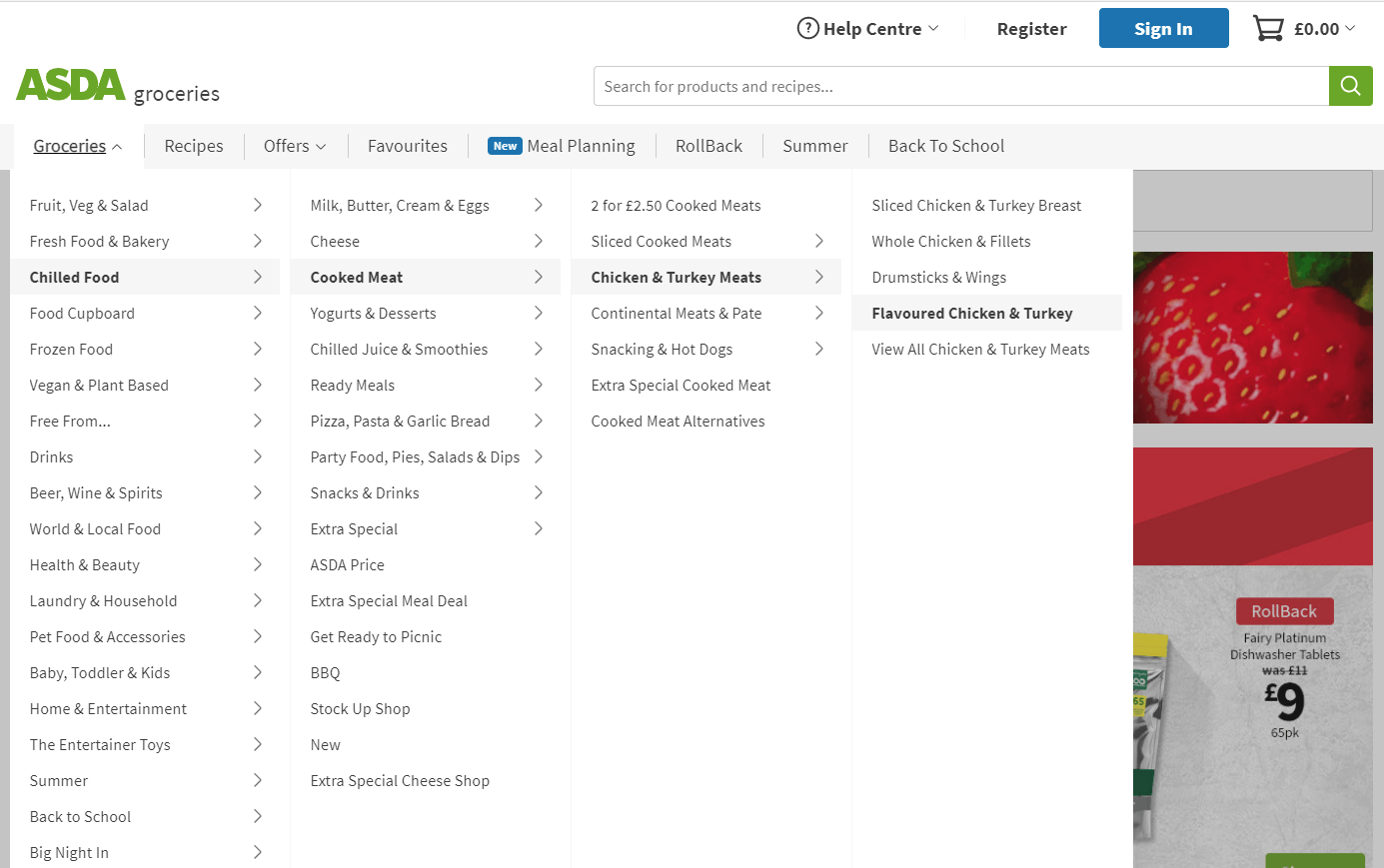 The Asda’s website mega navigation dropdown. Hovering over one of the categories will open up subcategories.