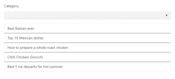 Recipe DropDownList includes items all, recipe, video and article