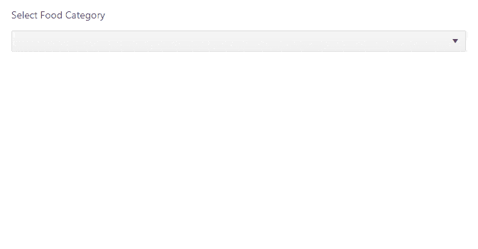 Food category selection with DropDownTree shows the dropdown with accordion-style subheads. When the user clicks the dropdown, there are three categories: Drinks, Free From and Chilled Food categories. Opening one of the categories opens a list with the individual items that can be selected. If an item is selected and then removed from selection, the menu still has the category open, so the view is persistent.