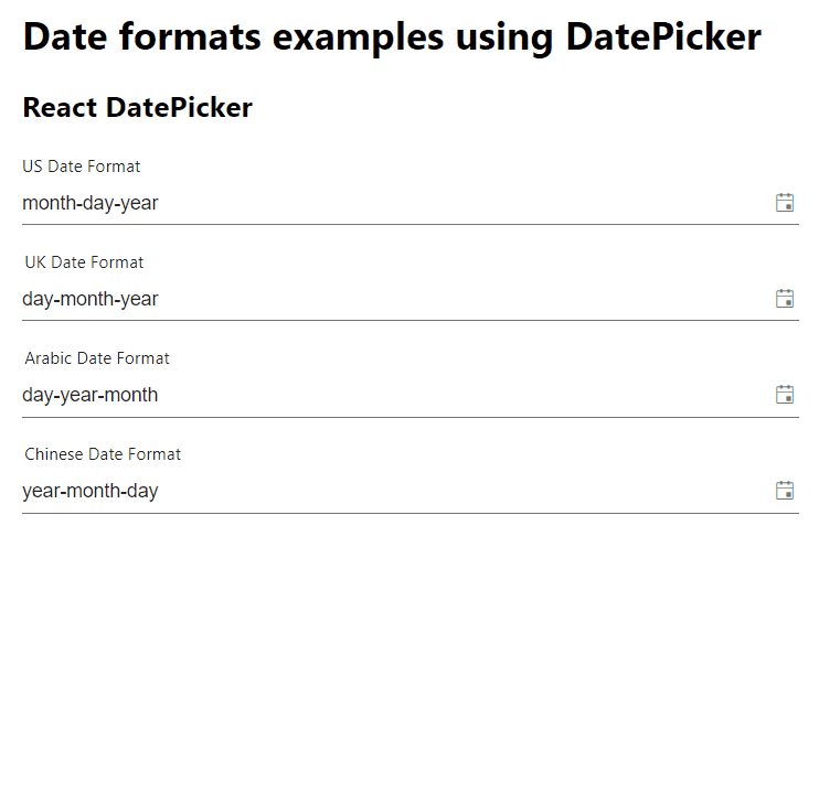 DatePicker formats KendoReact DatePicker components with different date formats.