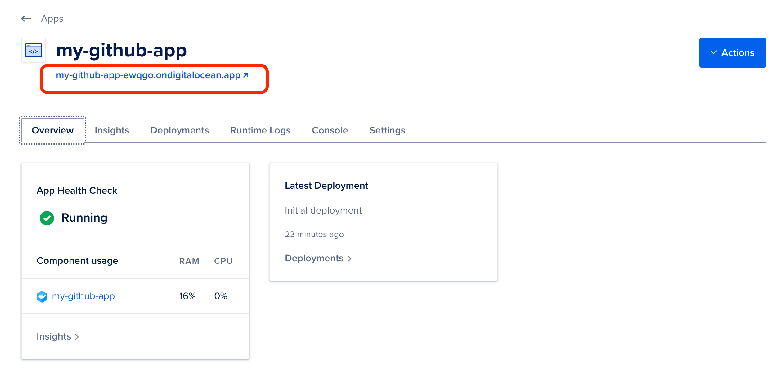 The deployed app my-github-app has the URL my-github-app-ewqgo.ondigitalocean.app. We’re seeing it on the GitHub Apps page, looking at its overview.