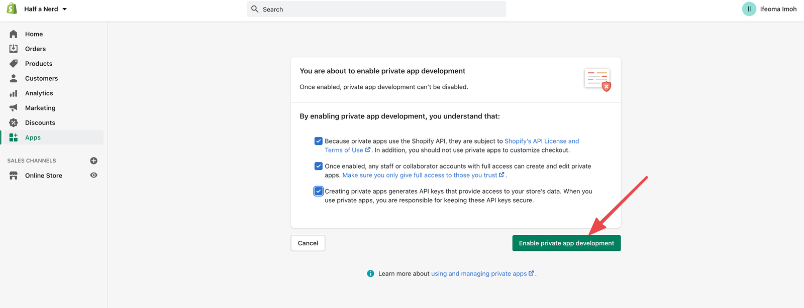 Shopify enable private apps development link Shopify enable private apps development link