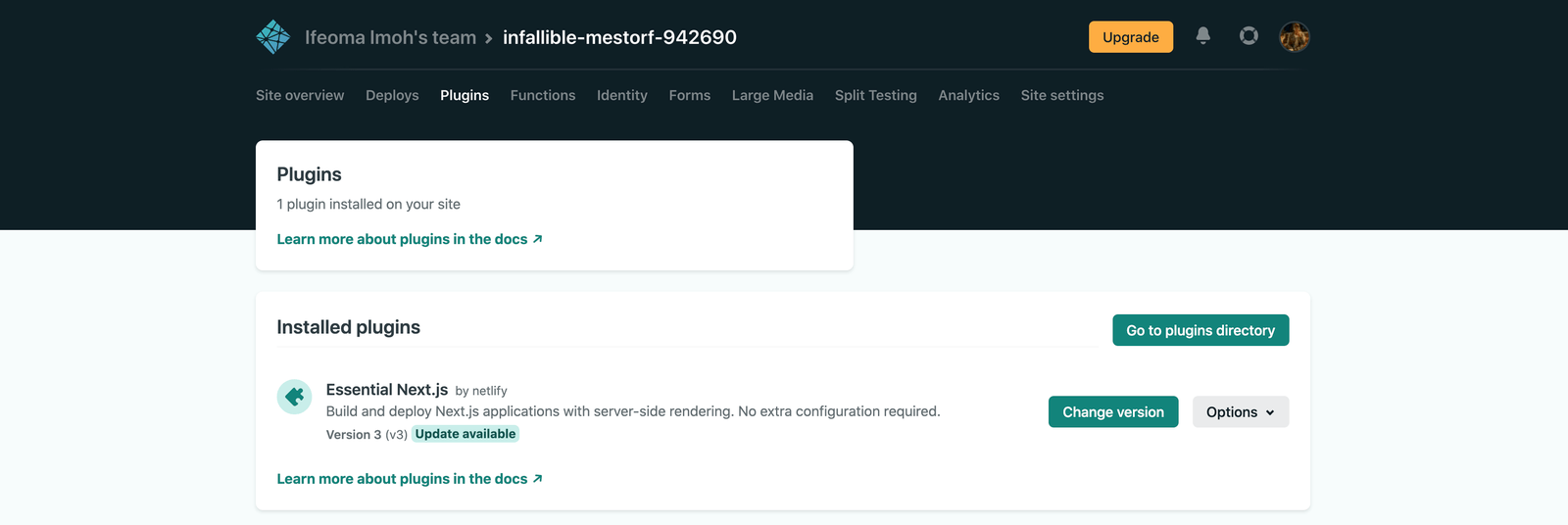 screenshot of Essential Next.js plugin on Netlify dashboard A screenshot of Essential Next.js plugin on Netlify dashboard