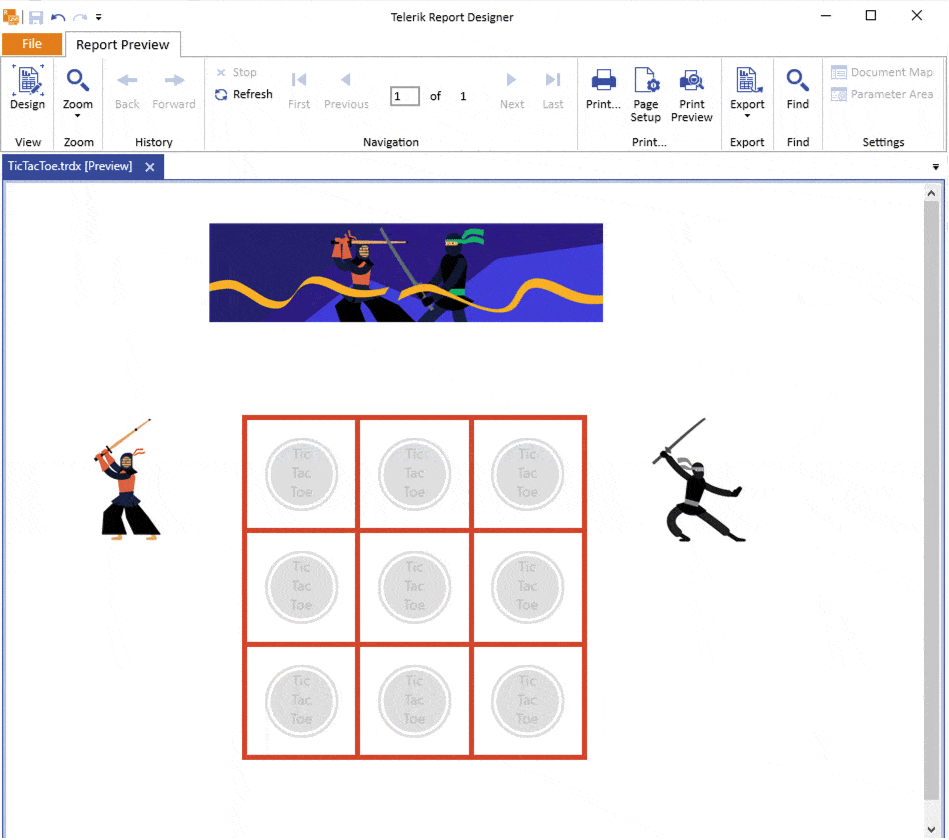 final_result: tic-tac-toe board with kendoka on left and ninja on right, alternating full-color based on whose turn it is. Kendoka player gets three diagonal and wins, and the player icon changes and announces Winner!