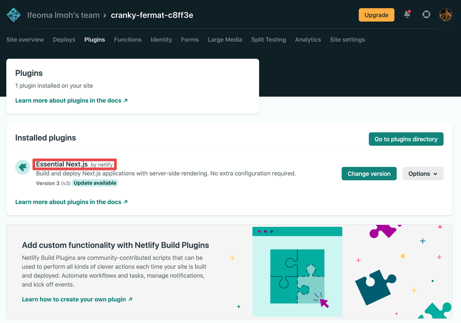 netlify’s Essential Next.js plugin Dashboard showing Netlify’s Essential Next.js plugin