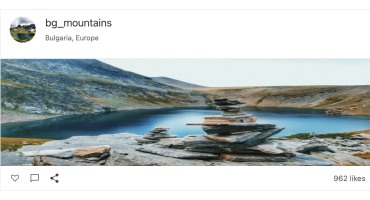 Kendo UI for Vue Card Component - Overview Kendo UI for Vue Card Component - Overview. This card has a name, location, and profile image above a large main image of a rock cairn overlooking a lake. Below, there are icons to like, comment, or share on the left, and a tally of likes (962) on the right.