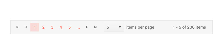 Kendo UI for Vue Pager Component - Overview Kendo UI for Vue Pager Component - Overview - A paging strip shows page numbers 1, 2, 3, 4, 5, ..., and has all the way left, left one, right, all the way right buttons, as well as a dropdown option for how many results to show per page, currently set to 5. Then it tells us we are on results 1-5 of 200.