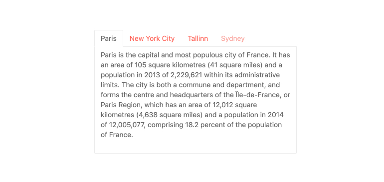 Kendo UI for Vue TabStrip - Overview Kendo UI for Vue TabStrip - Overview - tabs at the top list, Paris, New York City, Tallinn and Sydney. We're on Paris, and there's a paragraph about the city.