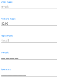 MAUI masked entry MAUI masked entry showing masks for email (email:), numeric (), IP (_-_-_-_), text (blank line)