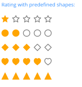 MAUI Rating MAUI Rating shows predefined shapes with filled in and open ones to indicate rating out of 5: stars, circles, diamonds, hearts, triangles