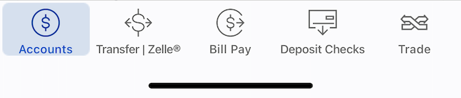 Bank of America app navigation English The Bank of America mobile app navigation in English. Tabs for: Accounts, Transfer | Zelle, Bill Pay, Deposit Checks, and Trade.