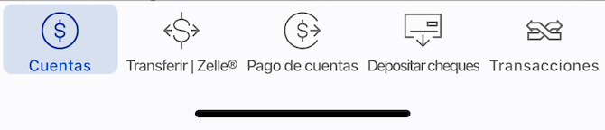 Bank of America app navigation Spanish The Bank of America mobile app navigation in Spanish. Tabs for: Cuentas, Transferir|Zell, Pago de cuentas, Depositar cheques, Transacciones.