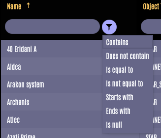 React Data Grid Filterable prop React Data Grid Name column shown ascending. Field for filter, below column header, is blank. Filter button beside it is open to menu with options: contains, does not contain, is equal to, is not equal to, starts with, ends with, is null