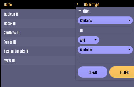 React Data Grid Filtering: Alternate React Data Grid Filtering: Alternate - Beside the Name column is the three-vertical-dots icon. It has been clicked, and the filter is set to: contains: III. The filter button has been clicked, and the column displays planet names with III