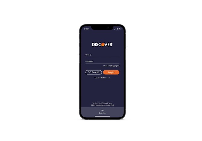 Discover app login screen The Discover mobile app login screen. There’s a form with User ID and Password fields. Below the form are two buttons: a ghost (empty) button for ‘Face ID’ and a bright orange button for ‘Log In’.