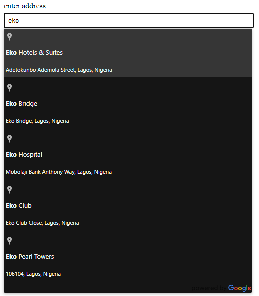 final-places-result Typing in Eko brings up potential locations in Lagos Nigeria