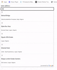 search-select In a field for Enter address, user begins typing, which brings up suggested locations. The user can select from the results.
