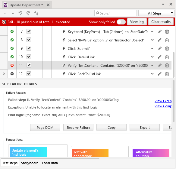 The Update Department test’s list of steps with a red banner at the top containing “Fail—10 passed out of 11 executed”. The step beginning “Verify ‘TextContent’ ‘Contains’ ‘$200.000’ is highlighted. A Step Failure Details box is displayed below the list of steps.