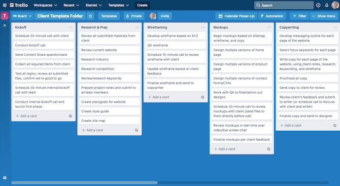 Trello web design project template A Client Template Folder has been created within the Trello project management tool. There are lists for tasks related to Kickoff, Research & Prep, Wireframing, Mockups, and Copywriting.