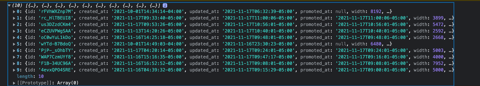 screenshot of an array of images in the developer console Screenshot of an array of images in the developer console