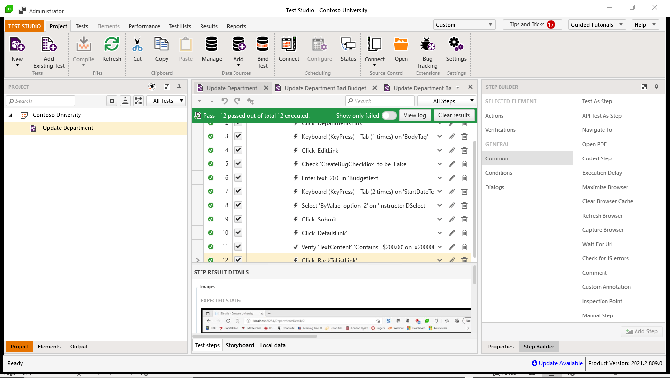 Test Studio showing the results of running a successful test