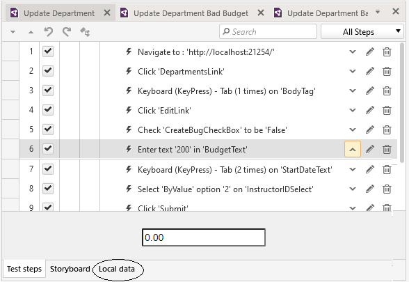 The list of test steps with the ‘Local data’ tab at the bottom of the steps circled.