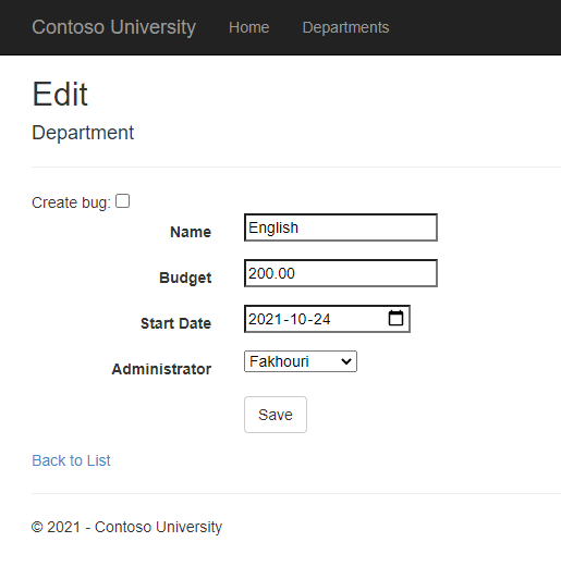 The Contoso update department page showing three textboxes (Name, Budget, and Start Date) and a dropdown list labeled Administrator, with a Submit button at the bottom of the page. At the top of the page is a checkbox labeled ‘Create Bug’