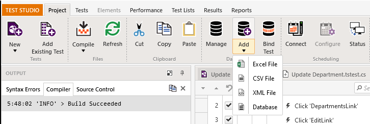 The Test Studio menu bar with the Project tab selected and the dropdown list under the add icon displayed showing the four options: Excel File, CSV File, XML File, and Database. To the right of the Add icon is the Bind Test icon.