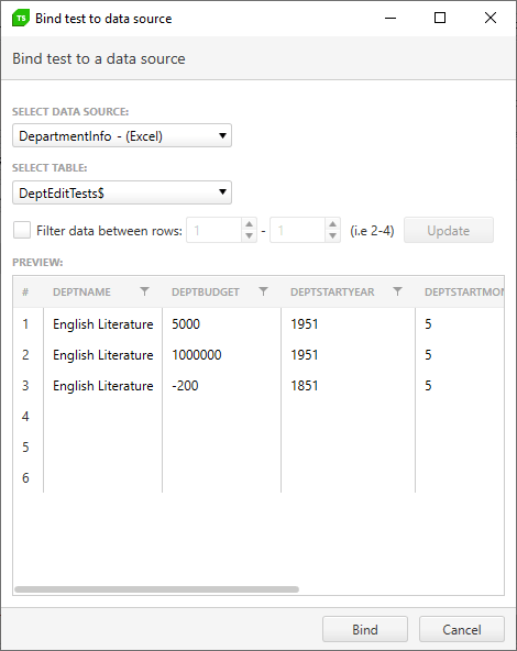 The Bind test to a data source dialog showing the dropdown lists with the DepartmentInfo Excel spreadsheet in the top dropdown list and Sheet1 selected in the bottom list. The four rows of the Excel spreadsheet (the heading row and the three rows of data) are displayed below. At the bottom of the dialog is a Bind button.