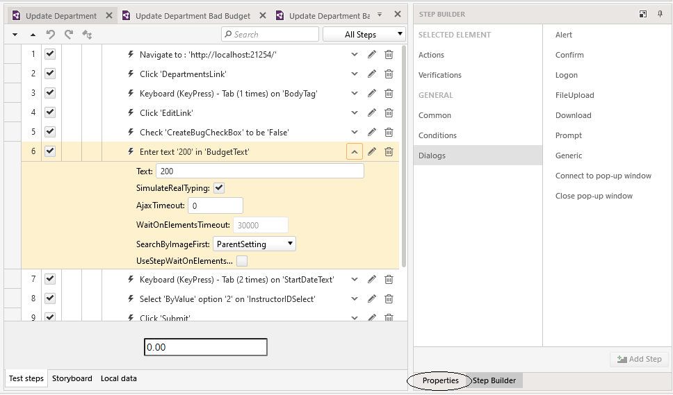 The list of steps in a recorded test with the “Enter text ‘200’ in ‘Budget Text’” step expanded to show that its Text value is currently set to 200. The Step Builder pane shown to the right of the test script. At the bottom of the pane the tab labelled “Properties” is circled.