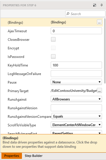 The step’s Properties tab with the top line – labelled “Bindings” – highlighted. The line has a button with three dots at the right hand end.