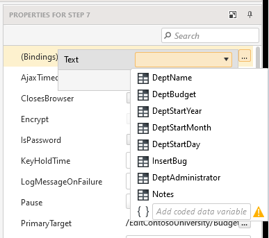 The dropdown list that’s displayed after clicking the Bindings builder button, showing the columns from the Excel spreadsheet.