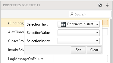 The Bindings dialog for a dropdown list showing three dropdown lists labeled SelectionText, SelectionValue, and SelectionIndex. The first dropdown list – SelectionText – has been set to DeptAdministrator