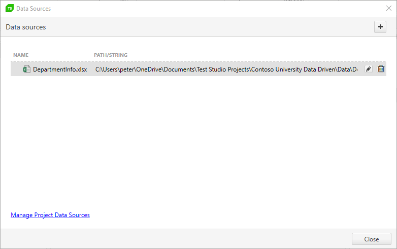 The Data Sources dialog showing the project’s single data source as the full path to the Excel spreadsheet in the data folder of my Test Studio project. To the right of the spreadsheet path is a pencil icon and a trashcan icon.