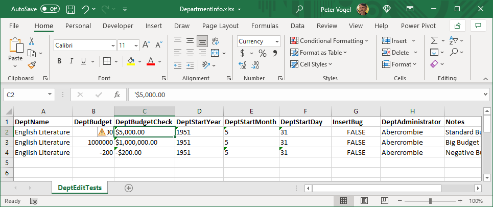 An Excel spreadsheet holding the row of headings and data from the earlier example with a new column added. The new column is headed DeptBudgetChecked and contains a formatted version of the data in DeptBudget column.