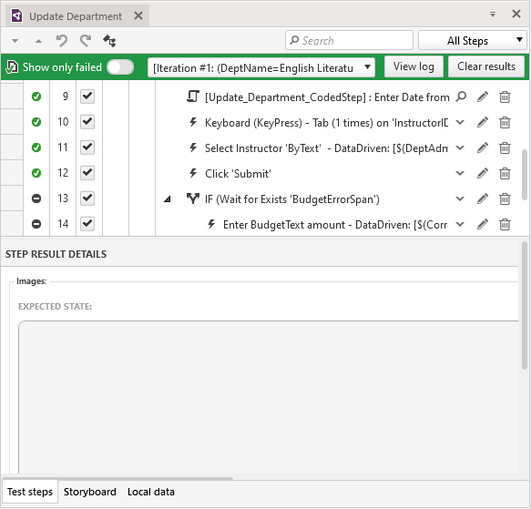 The test script after a successful run. At the top of the test script a green bar is displayed with a dropdown list in the middle. The dropdown list shows “Iteration #1: (DeptName = English” and then is cut off by the width of dropdown list.